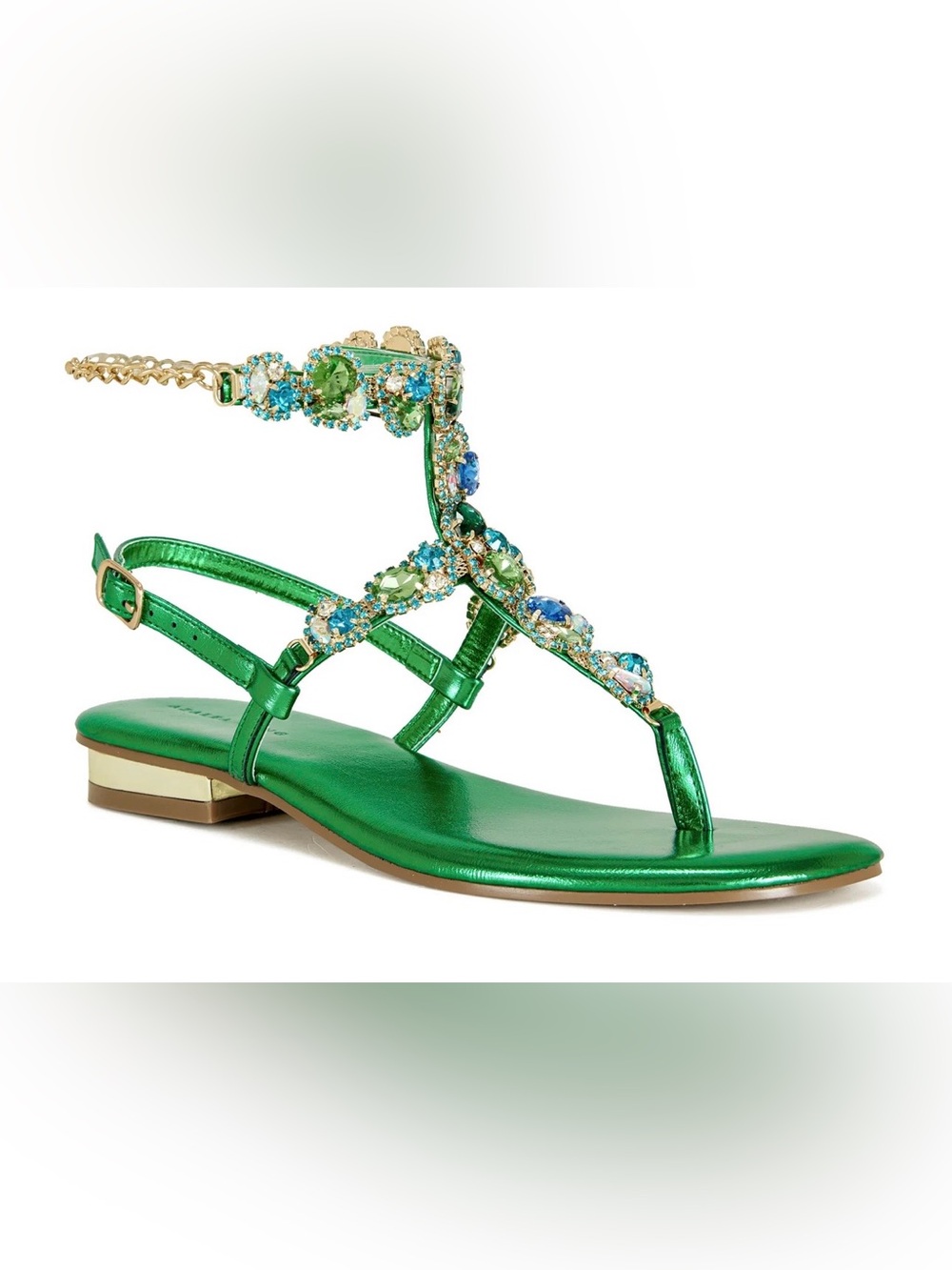 Emerald Jeweled T-Strap Flat Sandals for Women